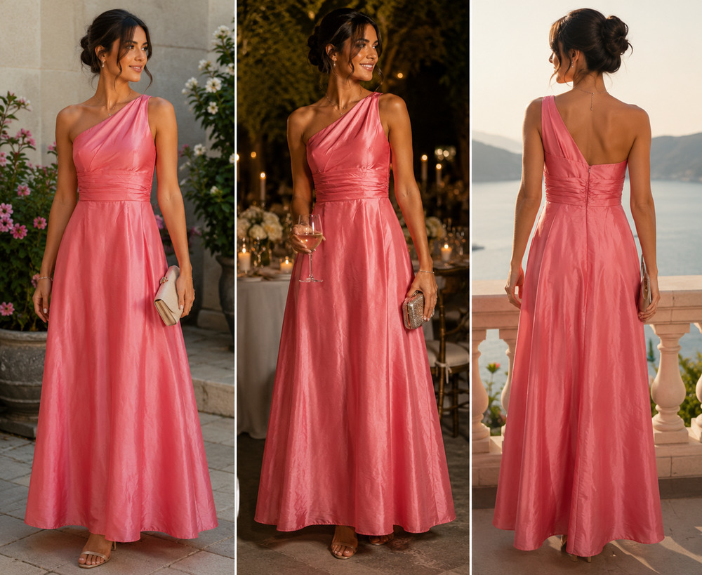 B2 Coral Pink One Shoulder Evening Gown Formal Bridesmaid Dress Asymmetrical-6
